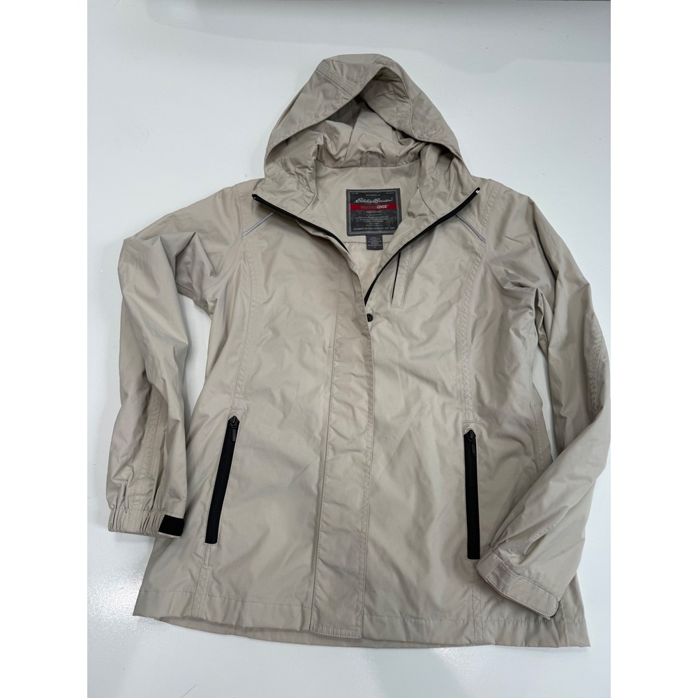 Eddie Bauer WeatherEdge Rain Jacket Womens Small Tan Beige Hooded Waterproof